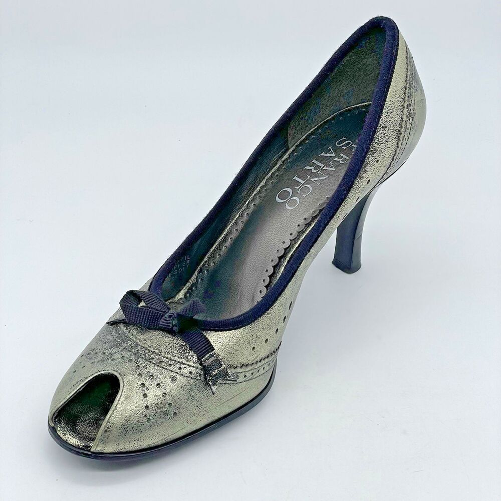 Franco Sarto Leather Heels Open Toe Pump Women's US 8.5M Antiqued Silver Black